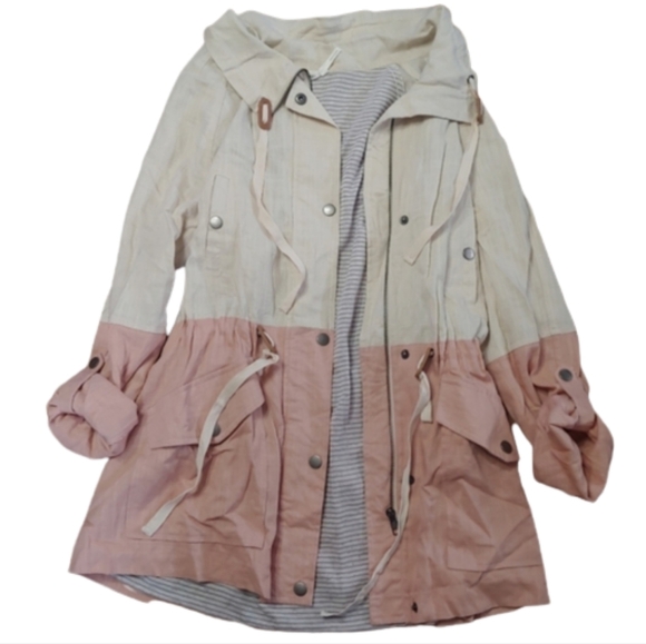 Blu Pepper Color Block Linen Light Pink Tan Utility Jacket Size Women Medium NEW - Picture 5 of 13